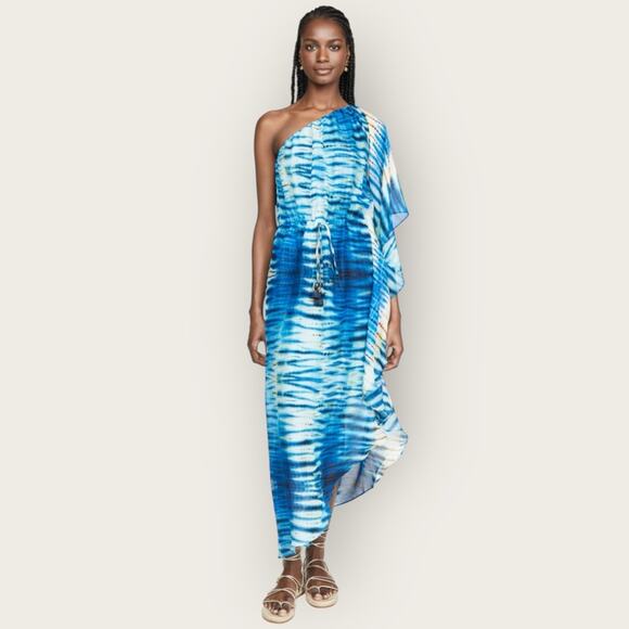 Figue Tuckernuck Women's One Shoulder Silk Blue Tie Dye Maxi Dress Kaftan M - Picture 1 of 10